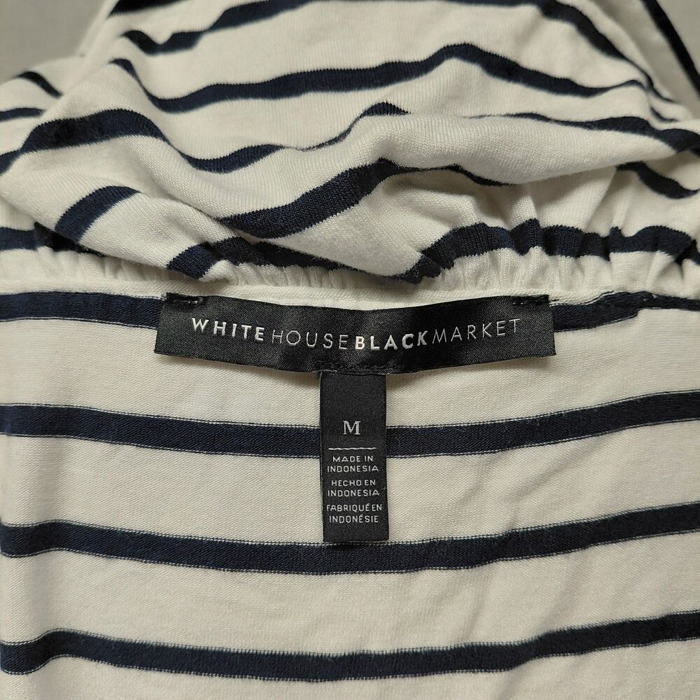 White House Black Market Off the Shoulder Navy & White Stripe Ruffled Top Sz M - Picture 6 of 7
